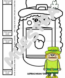 Una manualidad en papel imprimible del Día de San Patricio **St. Marionetas Big Mouth del Día de San Patricio** que presenta un duende con un sombrero adornado con un trébol y una barba naranja. La plantilla incluye instrucciones para doblar y pegar varias partes, creando un efecto de boca grande. La palabra 