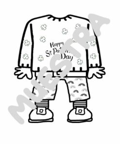 Una página para colorear en blanco y negro muestra un atuendo festivo del Día de San Patricio, completo con un suéter adornado con diseños de tréboles y las palabras 