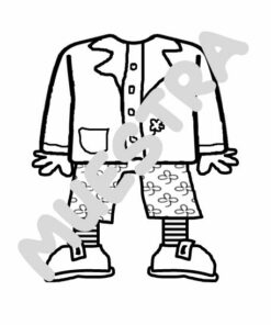 Ilustración en blanco y negro de una marioneta de boca grande del día de San Patricio sin cabeza. El conjunto incluye una chaqueta de cuatro botones, una flor, pantalones adornados con tréboles para el día de San Patricio, calcetines a rayas y zapatos de gran tamaño. La palabra 