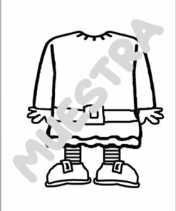 Un dibujo lineal en blanco y negro de una figura sin cabeza de la Marioneta Boca Grande del Día de San Patricio con un vestido de manga larga con cinturón, calzas a rayas y zapatos. La palabra 