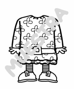Dibujo lineal en blanco y negro de un traje sin cabeza de Marionetas Big Mouth del Día de San Patricio, que presenta una blusa de manga larga con un patrón de trébol de cuatro hojas perfecto para el Día de San Patricio, una falda, calzas a rayas y botines. La palabra 