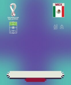 Gráfico de la Copa Mundial de la FIFA Qatar 2022 con la bandera de México y el emblema nacional en la esquina superior derecha. El gráfico presenta íconos de un campo de fútbol, un jugador, indicadores de altura y peso sobre un fondo degradado azul y verde, que recuerda a Figuritas Stikers/Cromos Editables Mundial Qatar 2022 ] PANINI, con espacio para texto en la parte inferior.