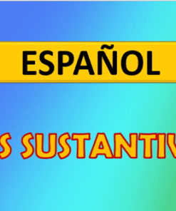 Una diapositiva colorida con un fondo degradado de azul a verde. En el centro, hay un cuadro amarillo con texto negro en negrita que dice "Español - Sustantivos". Debajo del cuadro, un texto vibrante en rojo y amarillo dice "LOS SUSTANTIVOS". Hay una pequeña flecha roja en la esquina inferior derecha.