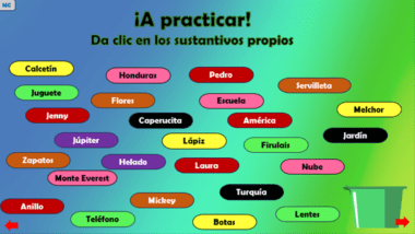 Una cuadrícula colorida con varias palabras ordenadas por color. El título dice "¡A practicar! Da clic en los sustantivos propios". Las palabras incluyen "Calcetín", "Honduras", "Pedro" y más, con algunas como "Miguel" en un asta animada a la derecha, perfecta para practicar sustantivos en español - sustantivos.