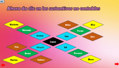 Una instrucción en Español - Sustantivos dice "Ahora da clic en los sustantivos no contables" sobre un fondo degradado. Hay formas de diamantes de colores con palabras como "Bicicleta", "Naranja", "Niños", "Frío", "Harina", "Risa", "Fuego" y "Blusa". Las flechas rojas apuntan hacia la izquierda y hacia la derecha.