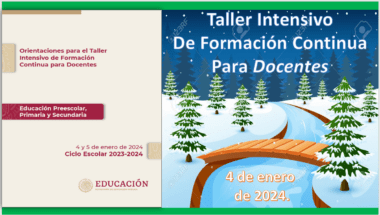 Únase a nosotros para un TALLER INTENSIVO DE FORMACIÓN CONTINUA PARA DOCENTES DE EDUCACIÓN BÁSICA 2024 los días 4 y 5 de enero de 2024, enfocado en la formación continua para docentes de educación básica. El folleto presenta una hermosa escena invernal con árboles y un camino cubierto de nieve, marcando la pauta para un taller inspirador en educación preescolar, primaria y secundaria.