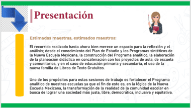 Imagen promocional con una gran flecha azul apuntando a la palabra "Presentación". El texto describe la importancia del Plan y Programa de la Nueva Escuela Mexicana, enfocándose en TALLER INTENSIVO DE FORMACION CONTINUA PARA DOCENTES DE EDUCACIÓN BÁSICA 2024. Una ilustración de una mujer sosteniendo un libro en el lado derecho. El texto está en español.