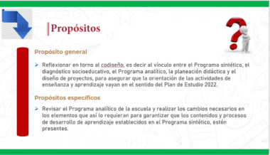 Una diapositiva titulada "Propósitos" presenta un propósito general y propósitos específicos para TALLER INTENSIVO DE FORMACION CONTINUA PARA DOCENTES DE EDUCACIÓN BÁSICA 2024. El propósito general se detalla en un párrafo, con dos propósitos específicos enumerados a continuación. Una flecha azul apunta hacia abajo a la izquierda, mientras que aparece un signo de interrogación rojo a la derecha.