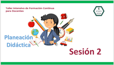 Una colorida pancarta para un taller de formación docente titulado "TALLER INTENSIVO DE FORMACION CONTINUA PARA DOCENTES DE EDUCACIÓN BÁSICA 2024". Presenta a un maestro de dibujos animados rodeado de útiles escolares, con la fecha del taller "5 de enero de 2024" y el número de sesión "Sesión 2" en texto destacado.