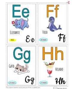 Mis Tarjetas del abecedario, en español, que muestran las letras E, F, G, H con las imágenes y palabras correspondientes: 