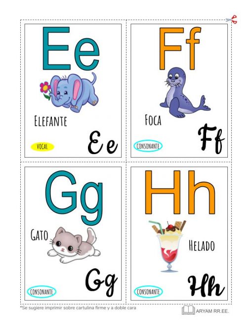 Mis Tarjetas del abecedario, en español, que muestran las letras E, F, G, H con las imágenes y palabras correspondientes: "Elefante" (elefante), "Foca" (foca), "Gato" y "Helado" (helado). ). Cada tarjeta también etiqueta el