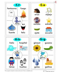 Mis Tarjetas del abecedario, en español que muestran palabras ilustradas para cada letra: F-fantasma, fuego, etc., E-erizo, espejo, etc., H-hielo, hospital, etc., G-girasol, gusano, etc.
