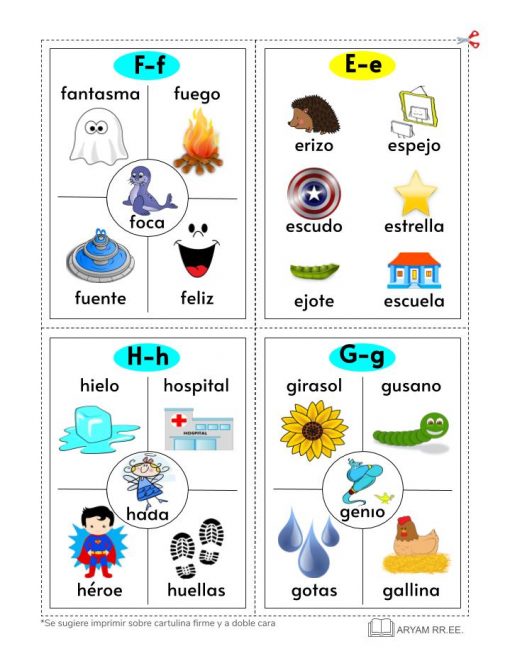 Mis Tarjetas del abecedario, en español que muestran palabras ilustradas para cada letra: F-fantasma, fuego, etc., E-erizo, espejo, etc., H-hielo, hospital, etc., G-girasol, gusano, etc.