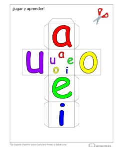Plantilla para manualidades imprimible con vocales de Mis Tarjetas del abecedario, en español (A, E, I, O, U) en colores brillantes en cajas de papel plegables, con un ícono de tijeras que indica una línea de corte y texto que sugiere imprimir en papel resistente.