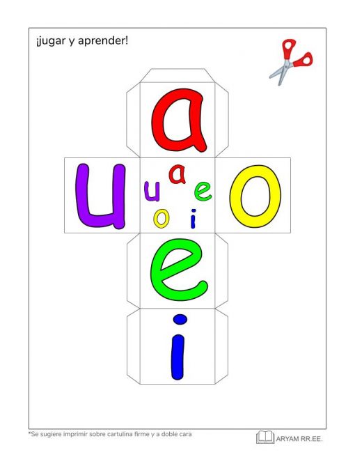 Plantilla para manualidades imprimible con vocales de Mis Tarjetas del abecedario, en español (A, E, I, O, U) en colores brillantes en cajas de papel plegables, con un ícono de tijeras que indica una línea de corte y texto que sugiere imprimir en papel resistente.
