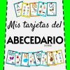 Tarjetas del alfabeto español tituladas "Mis Tarjetas del abecedario, en español" con las letras A, B, C, M y N, cada una representada con las ilustraciones correspondientes como manzana, pelota y gato.