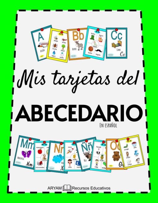 Tarjetas del alfabeto español tituladas "Mis Tarjetas del abecedario, en español" con las letras A, B, C, M y N, cada una representada con las ilustraciones correspondientes como manzana, pelota y gato.