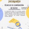 Cartel informativo titulado "Secundaria: Técnicas de comprensión de textos" con un texto sobre la comprensión lectora. En la parte inferior, hay una ilustración de un cuaderno, una lupa y un lápiz.