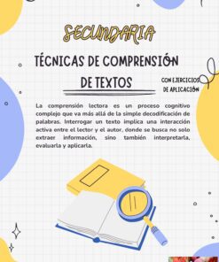 Cartel informativo titulado "Secundaria: Técnicas de comprensión de textos" con un texto sobre la comprensión lectora. En la parte inferior, hay una ilustración de un cuaderno, una lupa y un lápiz.