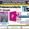 Un cartel digital para "Proyectos Telesecundaria, 1º Grado" con un logotipo de PowerPoint. Incluye elementos del "Nuevo libro de proyectos" con 48 presentaciones. Menciona "Nueva Escuela Mexicana" y diversas materias como ética y ciencias.