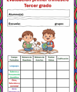 Colorido formulario de evaluación de tercer grado en español con espacios para información del alumno y de la escuela, una tabla para las calificaciones y una ilustración de dos niños con un perro y un globo terráqueo sentados en una colchoneta.
