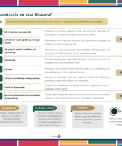 Infografía en español que describe ocho apartados de una bitácora de aprendizaje, organizada por horizontes e iconos. Incluye porcentajes, descripciones, y tipos de actividades: plenaria, dúos/tríos o individual.