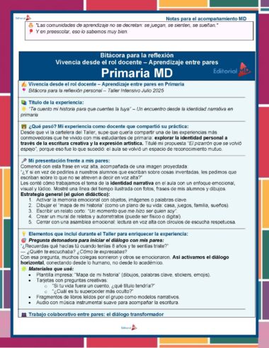 Folleto en español titulado "Bitácora para la reflexión" sobre la experiencia de una maestra de primaria en un taller de reflexión personal, en el que se describe el aprendizaje entre iguales y la importancia de compartir las narrativas personales.