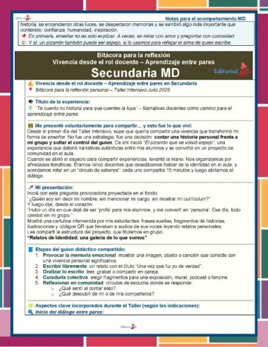 Página del boletín en español con cuadros de texto, viñetas y secciones resaltadas en las que se habla de las experiencias de aprendizaje entre iguales en la escuela secundaria. El diseño incluye notas, una barra de título azul y una nota editorial roja.