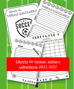 Surtido de Libreta Tareas Calendario 2021 2022 y Notas SOCCER con temática futbolística, con listas de tareas y calendario para 2021-2022, dispuestos sobre una superficie.