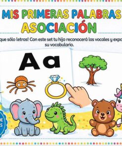 Colorida cubierta de juego educativo en español con animales (elefante, dinosaurio, oso, unicornio, araña), letras 