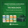 Gráfico promocional verde para el paquete de recursos tecnológicos de Edunova para tercer curso de secundaria, que muestra carpetas digitales etiquetadas con materiales educativos y un casco de realidad virtual a la derecha. Un texto en blanco y verde explica el contenido del paquete.
