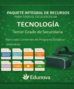 Gráfico promocional verde para el paquete de recursos tecnológicos de Edunova para tercer curso de secundaria, que muestra carpetas digitales etiquetadas con materiales educativos y un casco de realidad virtual a la derecha. Un texto en blanco y verde explica el contenido del paquete.