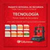Gráfico promocional en rojo para el paquete de recursos "Tecnología" de Edunova para primero de secundaria. Incluye iconos de programa analítico, planificación, examen, actividades y una ilustración de una impresora 3D a la derecha.