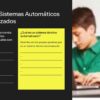 Ficha educativa sobre sistemas automáticos y automatizados con ejercicios técnicos, junto a dos estudiantes que utilizan un ordenador portátil.