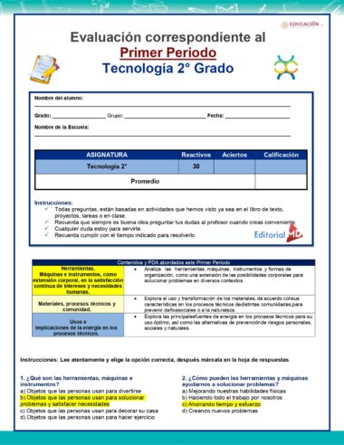 Hoja de evaluación titulada "Evaluación correspondiente al Primer Periodo Tecnología 2° Grado". Incluye secciones para el nombre del estudiante, el grado, el nombre de la escuela y las puntuaciones. Las instrucciones e información sobre herramientas y uso de la computadora se proporcionan en español. La página está formateada en columnas para el Examen de Tecnología 2° secundaria (Trimestre 1).