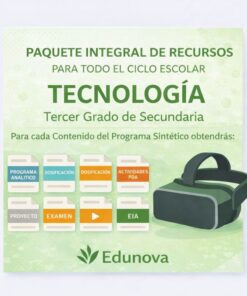 Imagen promocional del completo paquete de recursos de Edunova para tecnología de 3º de secundaria, que muestra una ilustración de un casco de RV e iconos de los distintos materiales educativos incluidos. El texto está en español.