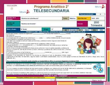 Una colorida plantilla de programa educativo titulada "Planeaciones de Telesecundaria Segundo Grado Ciclo 2023–2024 Plan 2022 (Segundo Trimestre)" con secciones de información escolar, período académico (Ciclo 2023-2024) y nivel de grado (Segundo Grado). Incluye un plan detallado de análisis del contexto socioeducativo y de los códigos pedagógicos. Ilustrado con un niño de dibujos animados e íconos educativos.