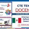 Tema 1 (Desarrollado): La NEM y el cambio de paradigma educativo CTE 2025 (Primaria, Secundaria y Telesecundaria) 11 Imagen promocional colorida para los Temas Docentes del Ciclo Escolar 2024-2025 de la CTE. Incluye texto sobre las orientaciones y el desarrollo educativo, con una bandera mexicana y el logotipo del Departamento de Educación. Incluye gráficos y patrones vibrantes.