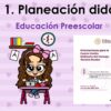 Niña de dibujos animados con pelo largo, moño y gafas sentada en un escritorio con un ordenador portátil y papeles. Encima, el texto dice "Tema 1. Planeación didáctica" y "Educación Preescolar". Planeación didáctica" y "Educación Preescolar". Se muestra un documento titulado "Orientaciones para la Cuarta Sesión Ordinaria del Consejo Técnico Escolar".