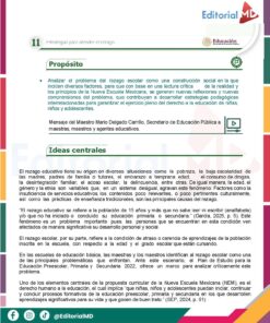 Tema 11 Contestado: Estrategias para atender el rezago CTE NEM 2025 - 2026 (Todos los Niveles) 22 Una colorida página informativa en español habla de la prevención del abandono escolar, con secciones sobre el propósito, ideas clave y estrategias. En la parte superior aparecen los logotipos de Editorial MD y del Ministerio de Educación de México. Los iconos y el texto resaltado destacan los puntos clave.
