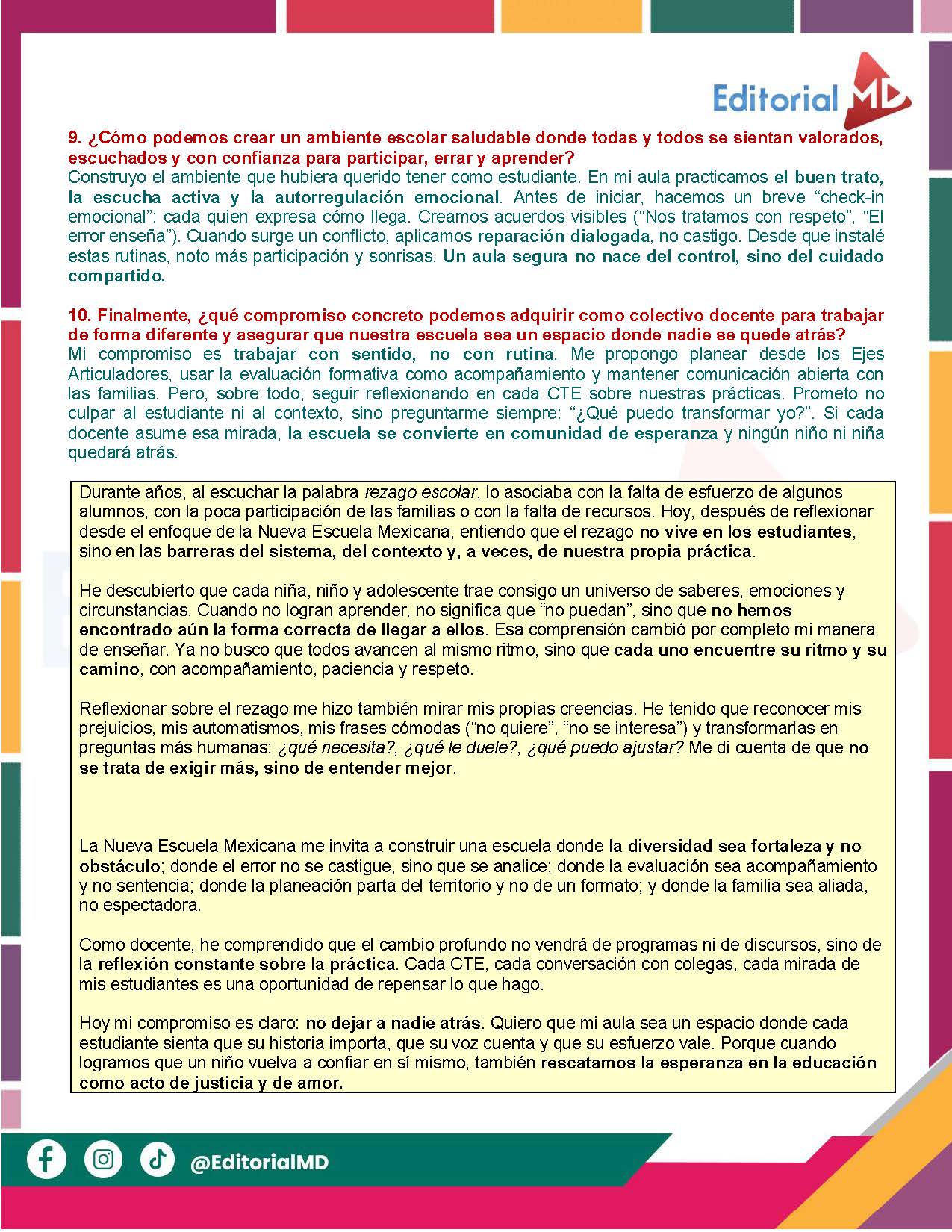 Tema 11 Contestado: Estrategias para atender el rezago CTE NEM 2025 - 2026 (Todos los Niveles) 7 Página editorial en español con un texto en el que se exponen consejos para crear un entorno positivo y saludable en el aula, fomentando la expresión emocional, la escucha activa, la resolución de conflictos y la responsabilidad compartida entre los alumnos.