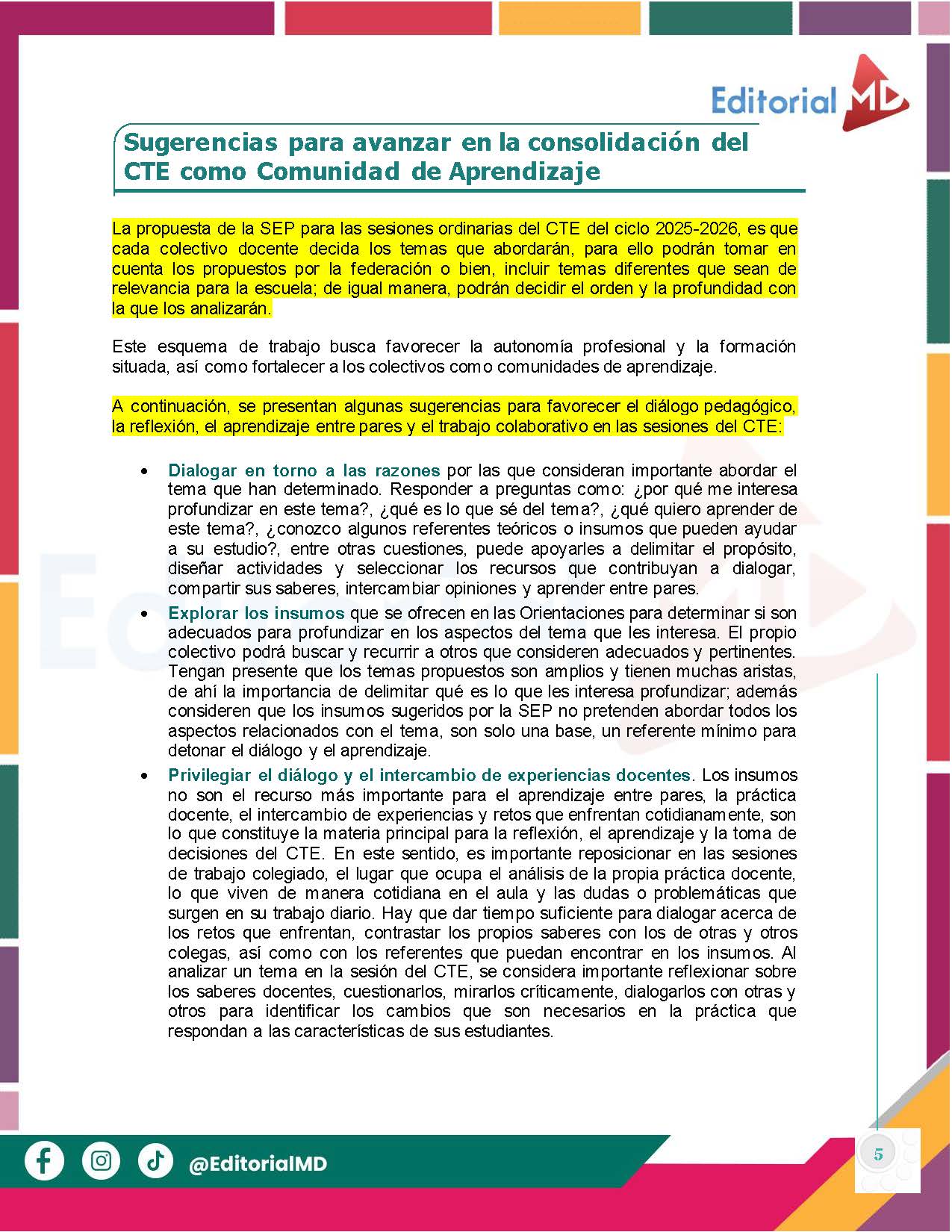 Tema 2 Contestado: Programa Analítico CTE NEM 2025 - 2026 (Todos los Niveles) 8 Un documento editorial en español titulado "Sugerencias para avanzar en la consolidación del CTE como Comunidad de Aprendizaje" esboza estrategias para la mejora educativa, con texto resaltado y con viñetas sobre un fondo colorido.