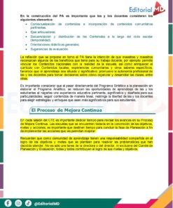 Tema 2 Contestado: Programa Analítico CTE NEM 2025 - 2026 (Todos los Niveles) 20 En una página editorial en español se describen los elementos clave para crear un programa de contenidos comunitarios para centros escolares, las ventajas de integrar los contenidos con la vida real y un colorido gráfico sobre la mejora de procesos. Los iconos y logotipos figuran a continuación.