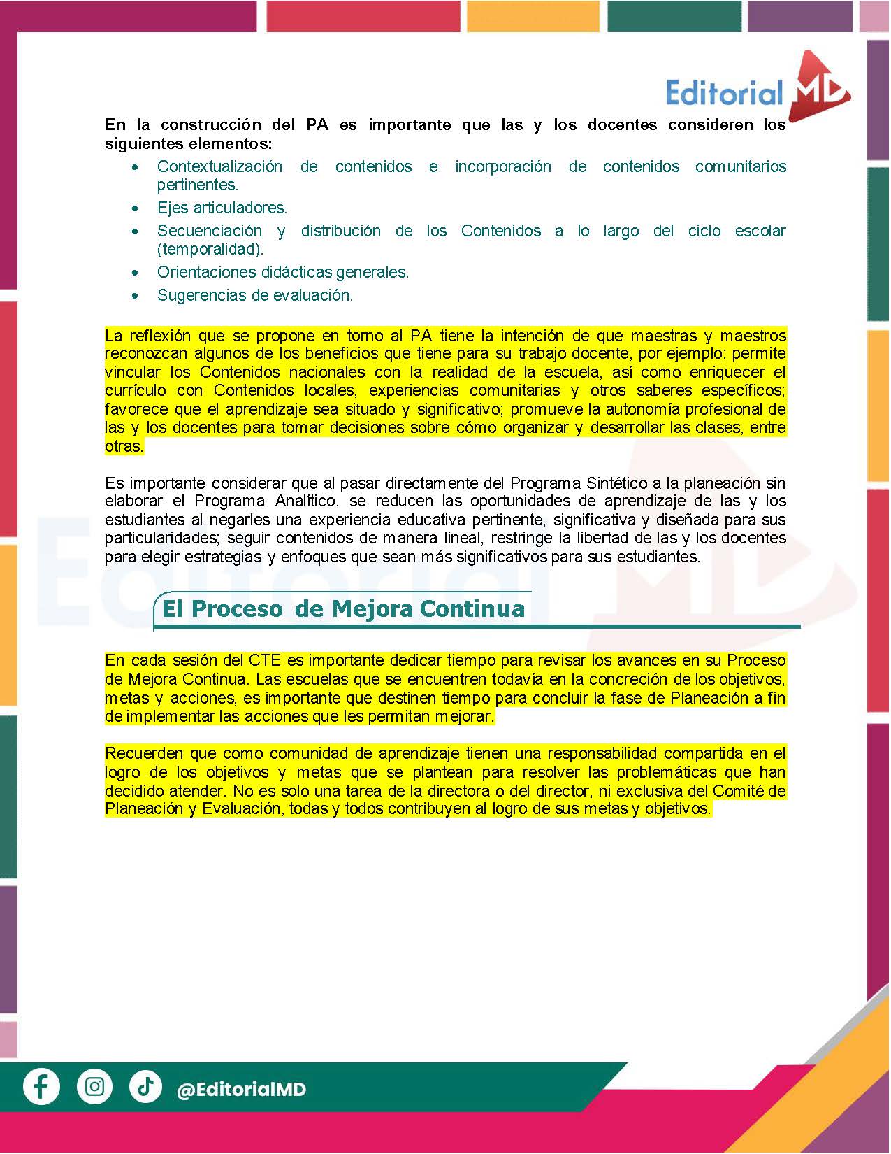 Tema 2 Contestado: Programa Analítico CTE NEM 2025 - 2026 (Todos los Niveles) 7 En una página editorial en español se describen los elementos clave para crear un programa de contenidos comunitarios para centros escolares, las ventajas de integrar los contenidos con la vida real y un colorido gráfico sobre la mejora de procesos. Los iconos y logotipos figuran a continuación.