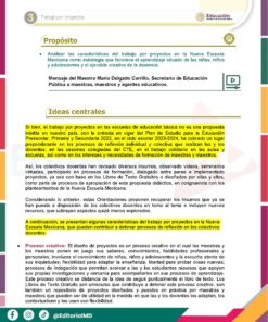Tema 3 Contestado: Trabajo por proyectos CTE NEM 2025 - 2026 (Todos los Niveles) 21 Una colorida página de documentos educativos discute el aprendizaje basado en proyectos en el nuevo modelo escolar de México. Las secciones incluyen el propósito, las ideas centrales y una cita destacada en un recuadro verde y amarillo, con logotipos y elementos gráficos.