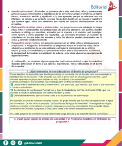 Tema 3 Contestado: Trabajo por proyectos CTE NEM 2025 - 2026 (Todos los Niveles) 22 Documento educativo en español con texto y viñetas sobre el aprendizaje interdisciplinario y la participación de niños y jóvenes. El fondo es colorido con gráficos que incluyen libros, lápices y niños leyendo.