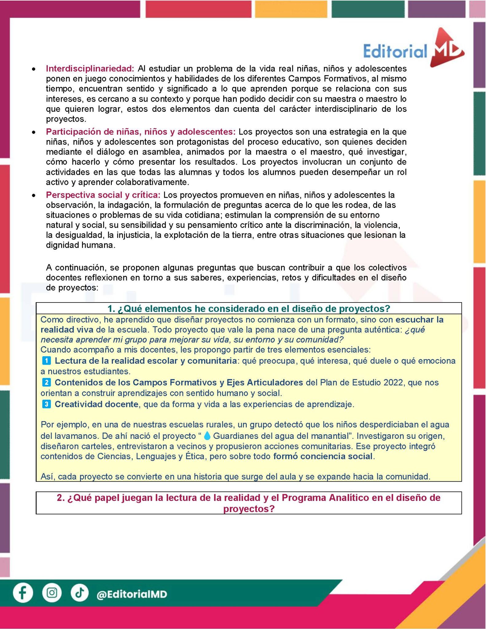 Tema 3 Contestado: Trabajo por proyectos CTE NEM 2025 - 2026 (Todos los Niveles) 10 Documento educativo en español con texto y viñetas sobre el aprendizaje interdisciplinario y la participación de niños y jóvenes. El fondo es colorido con gráficos que incluyen libros, lápices y niños leyendo.