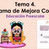 Tema 4. Programa de Mejora Continua de Educación Preescolar. Programa de Mejora Continua de Educación Preescolar; una niña con gafas sentada leyendo, rodeada de libros y una planta. A la derecha, portada de un documento oficial de la SEP sobre mejora continua.