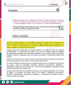 Tema 4 Contestado: Programa de mejora continua CTE NEM 2025 - 2026 (Todos los Niveles) 17 Un colorido documento educativo en español sobre la importancia de la mejora escolar continua, con secciones destacadas sobre la reforma escolar, un mensaje oficial y varios logotipos en la parte superior e inferior.