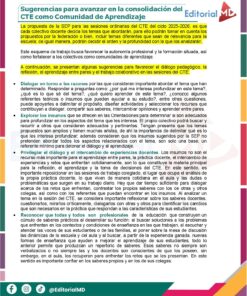 Tema 5 Contestado: Evaluación formativa CTE NEM 2025 - 2026 (Todos los Niveles) 34 Una colorida página editorial digital en español, con sugerencias para avanzar en el CTE como comunidad de aprendizaje. El texto está organizado en secciones con títulos, viñetas y frases destacadas, sobre un fondo con formas geométricas.